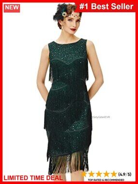 1920s Flapper Dress Fringe Sequin Midi Sleeveless V-Neck Gatsby Party